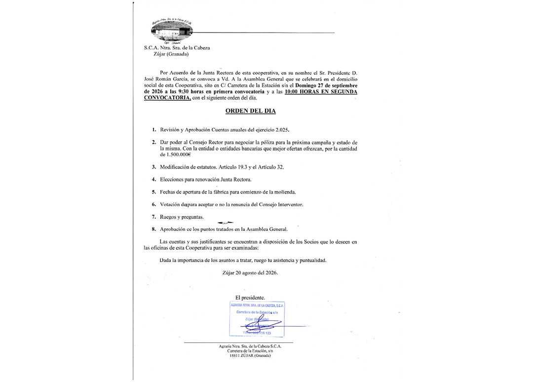 Asamblea General 2026: convocatoria de la S.C.A. Ntra. Sra. de la Cabeza